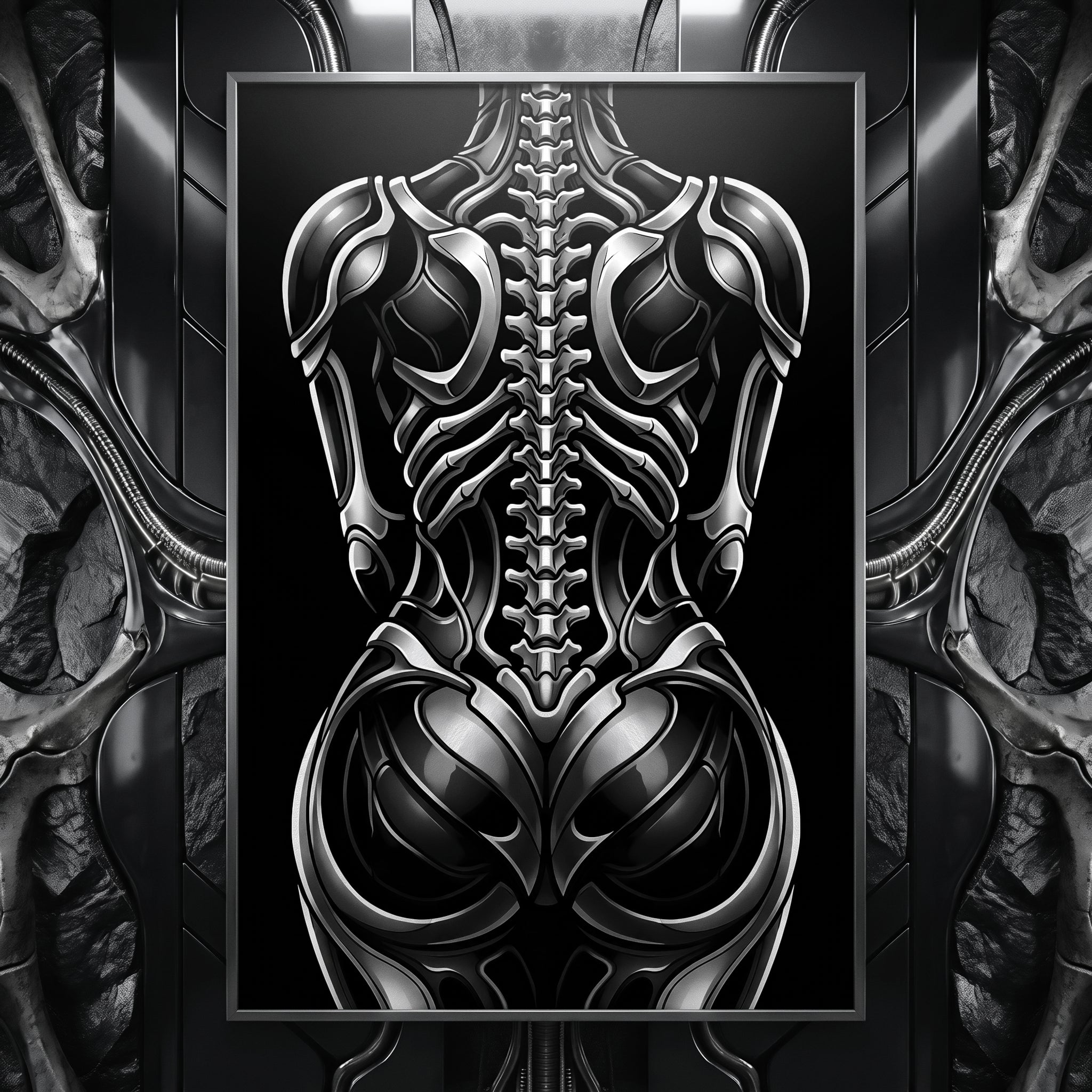 XENIA | Metallic Alien Female Cybernetic Body Wall Art | Luxury Gothic Op Art Print