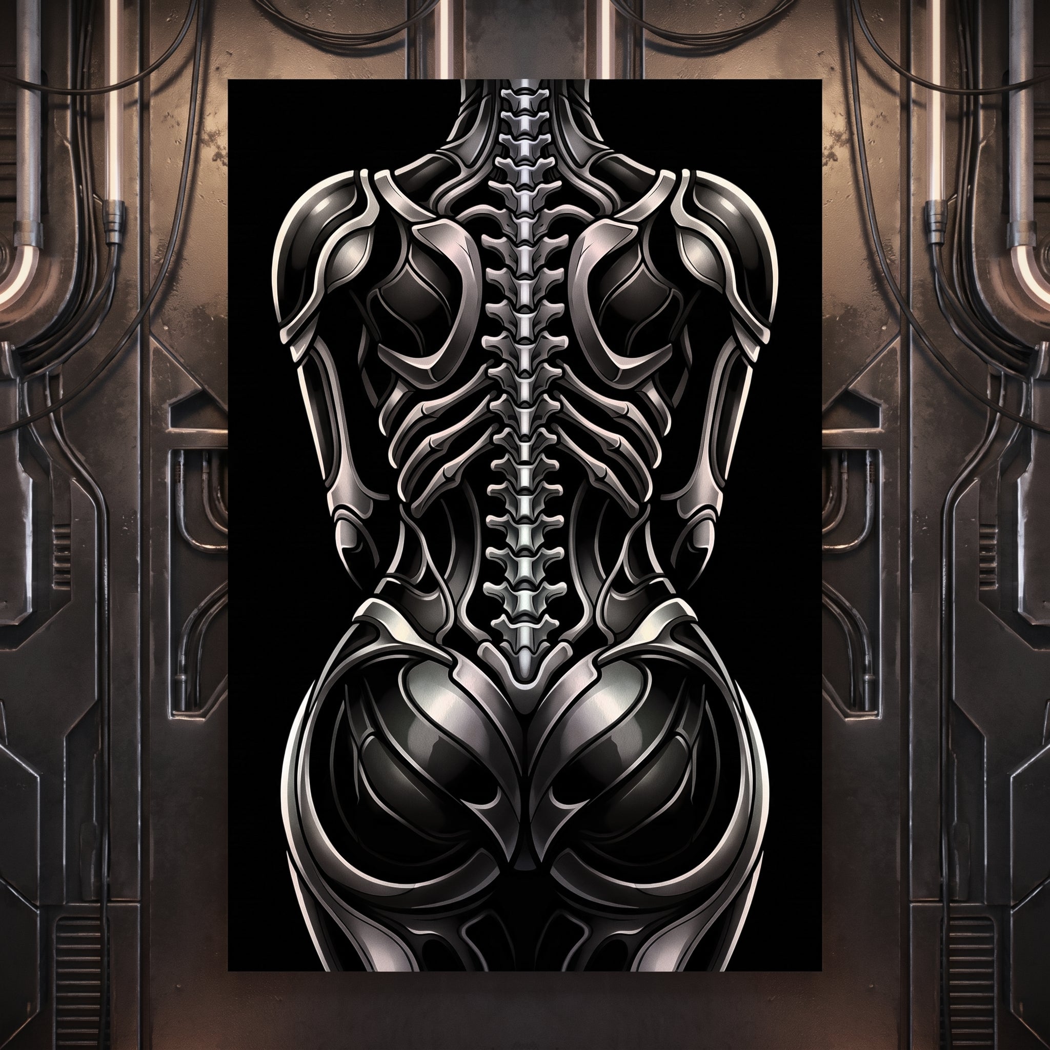 XENIA | Metallic Alien Female Cybernetic Body Wall Art | Luxury Gothic Op Art Print
