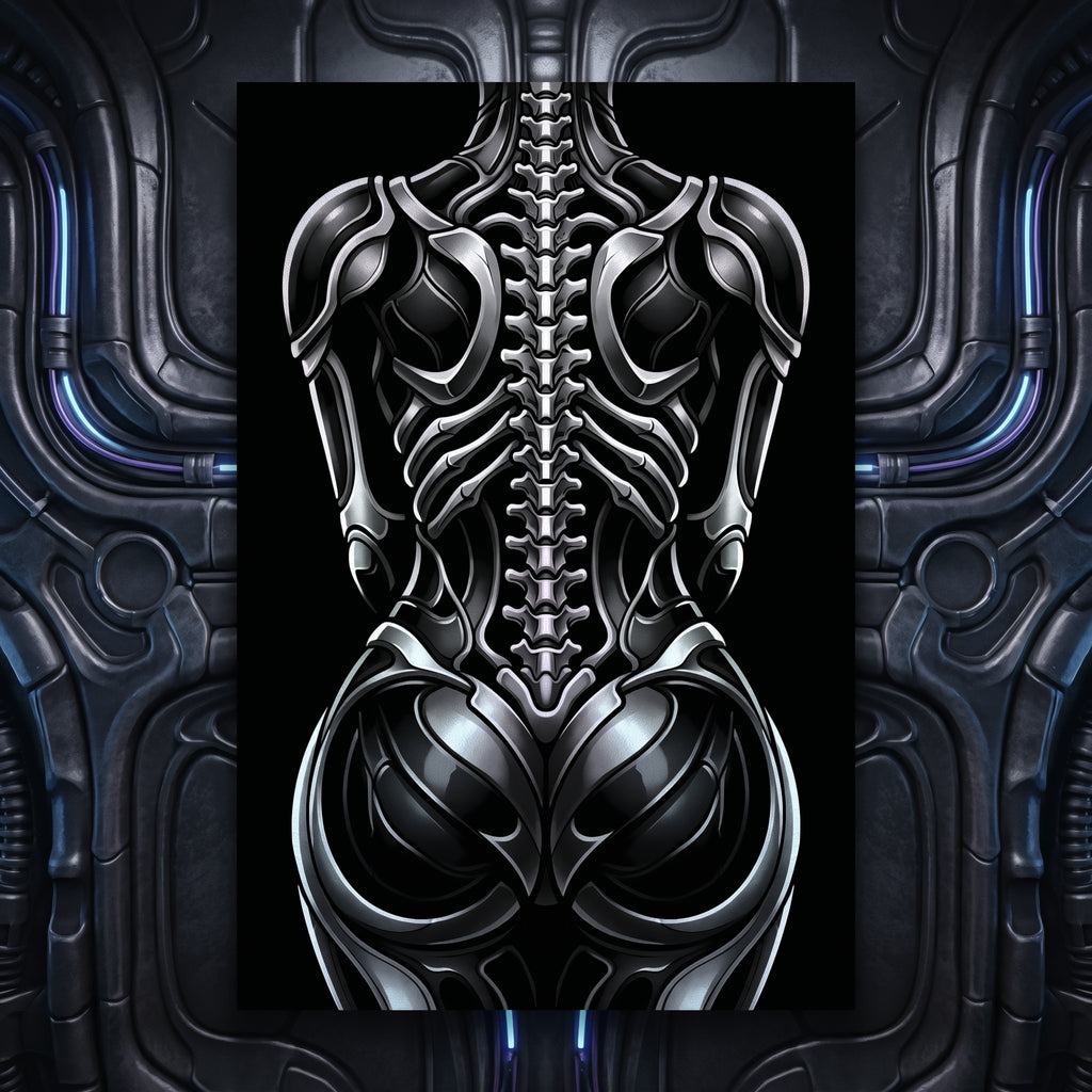 XENIA | Metallic Alien Female Cybernetic Body Wall Art | Luxury Gothic Op Art Print