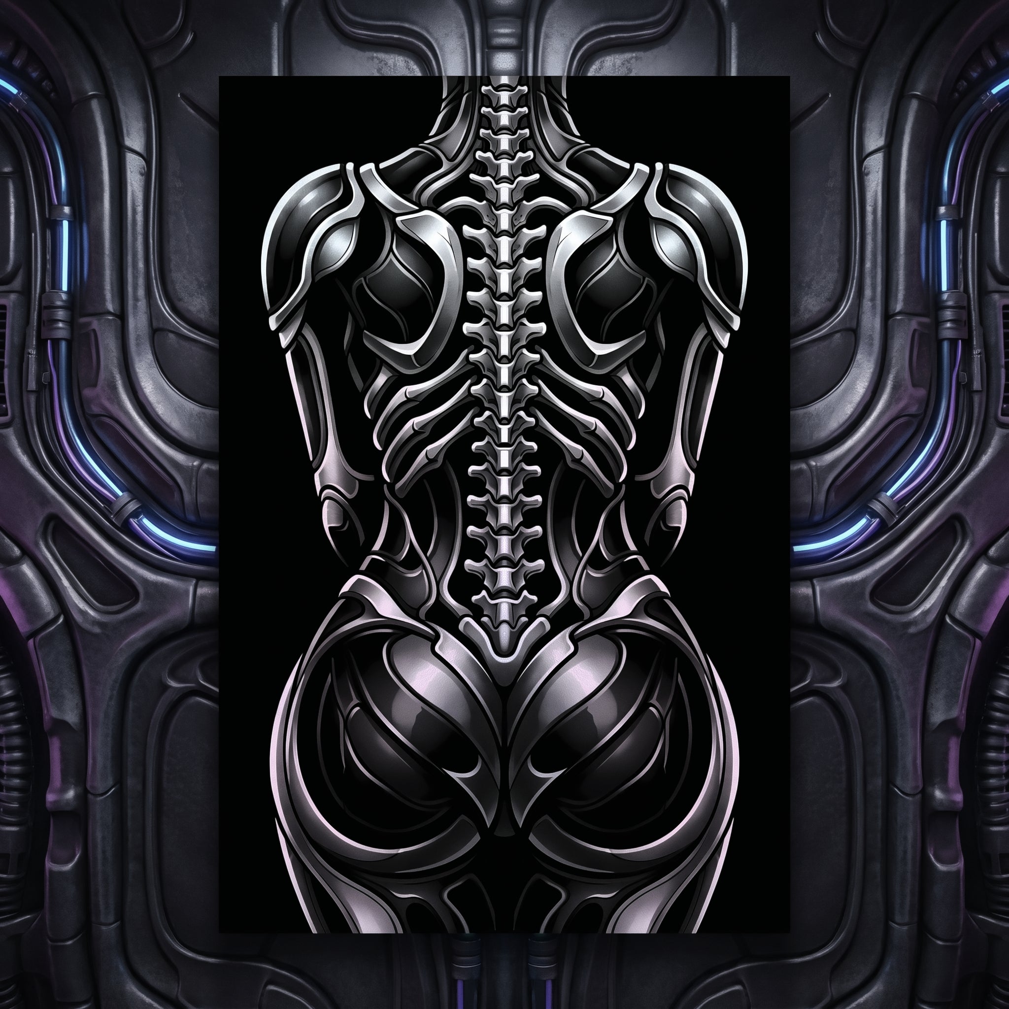 XENIA | Metallic Alien Female Cybernetic Body Wall Art | Luxury Gothic Op Art Print
