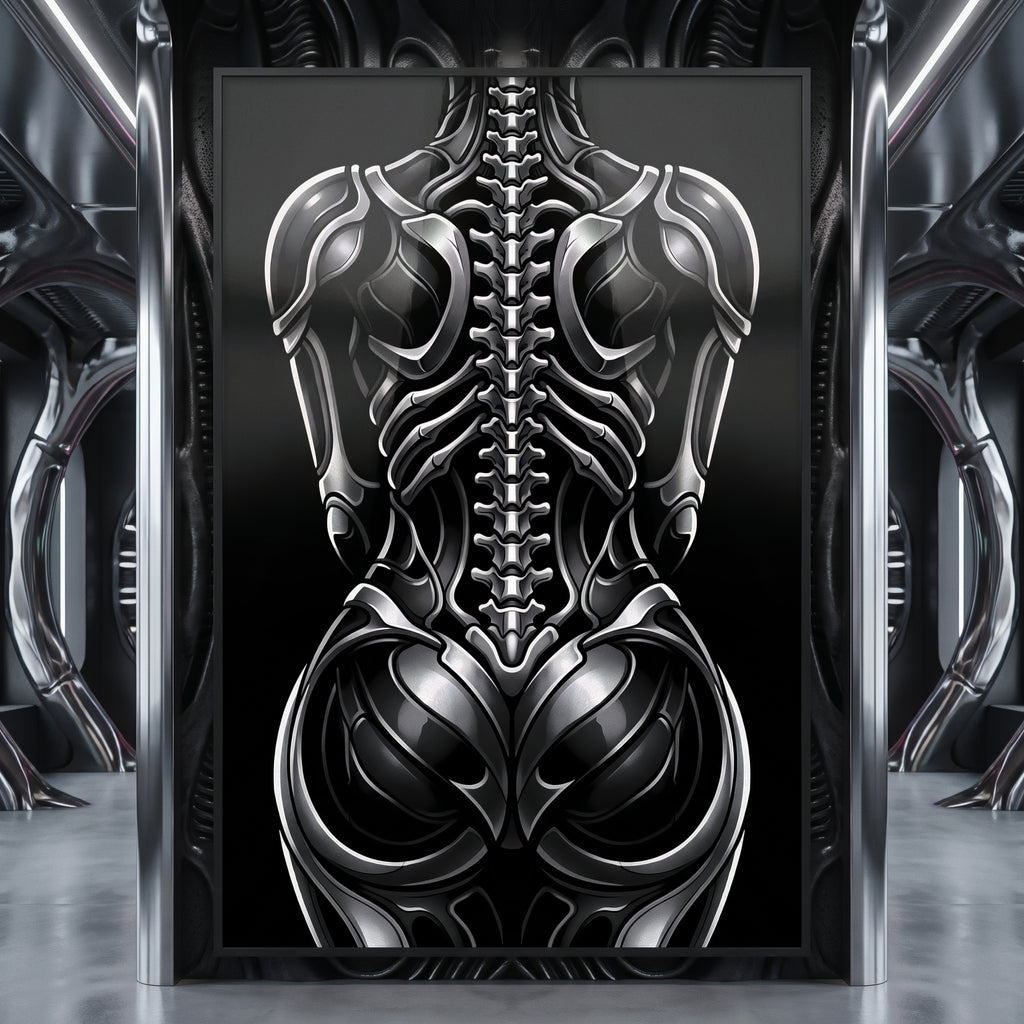 XENIA | Metallic Alien Female Cybernetic Body Wall Art | Luxury Gothic Op Art Print