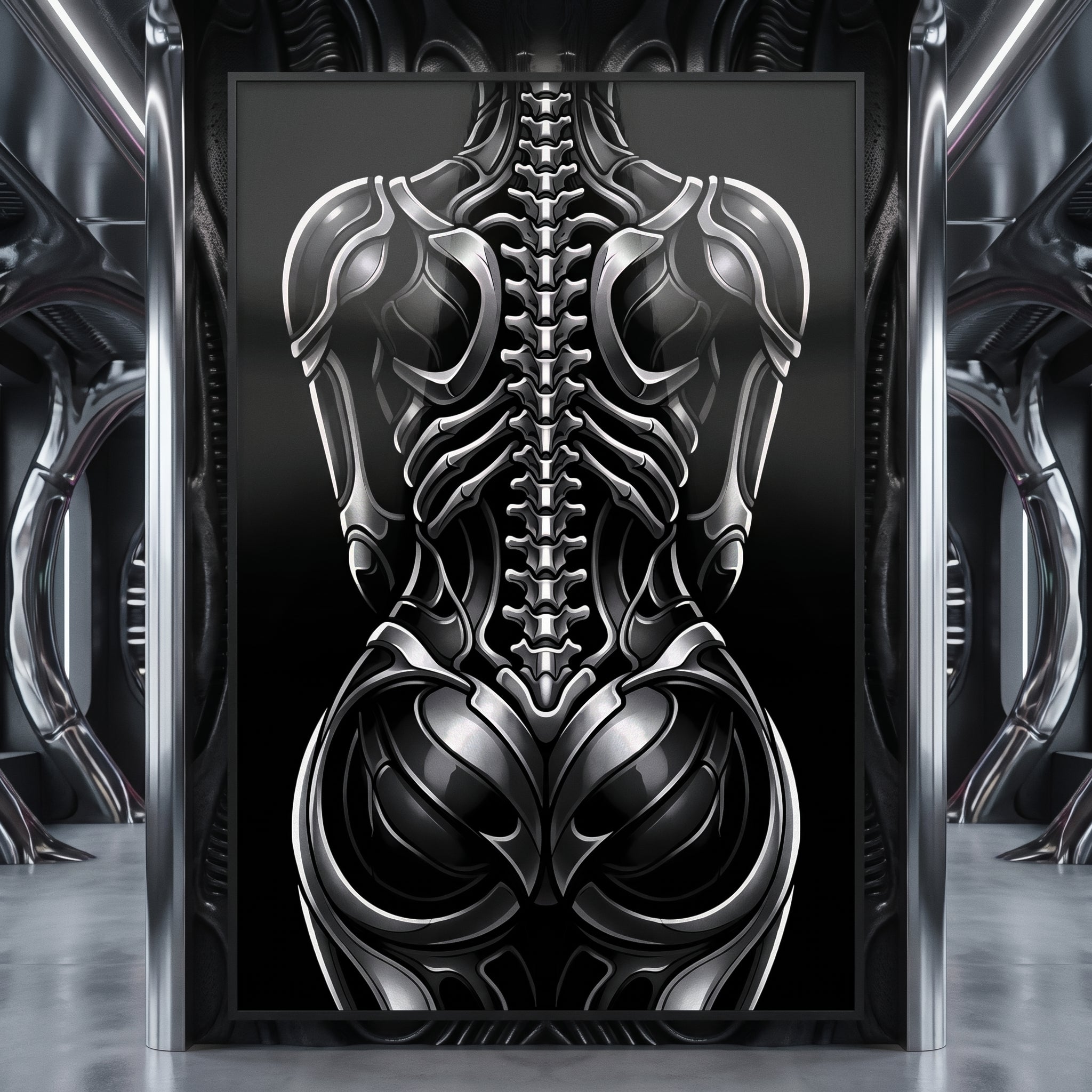 XENIA | Metallic Alien Female Cybernetic Body Wall Art | Luxury Gothic Op Art Print