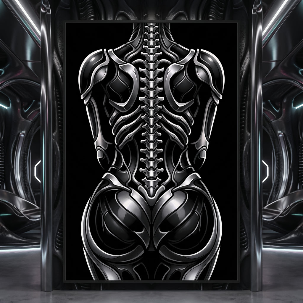 XENIA | Metallic Alien Female Cybernetic Body Wall Art | Luxury Gothic Op Art Print