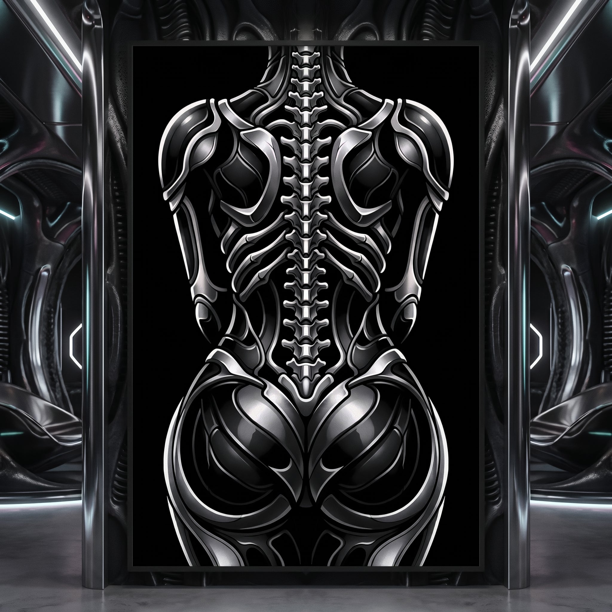 XENIA | Metallic Alien Female Cybernetic Body Wall Art | Luxury Gothic Op Art Print