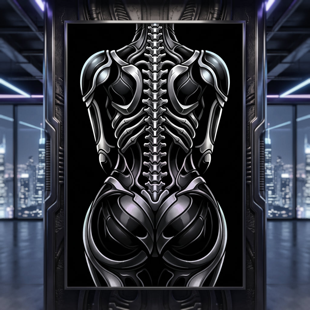 XENIA | Metallic Alien Female Cybernetic Body Wall Art | Luxury Gothic Op Art Print