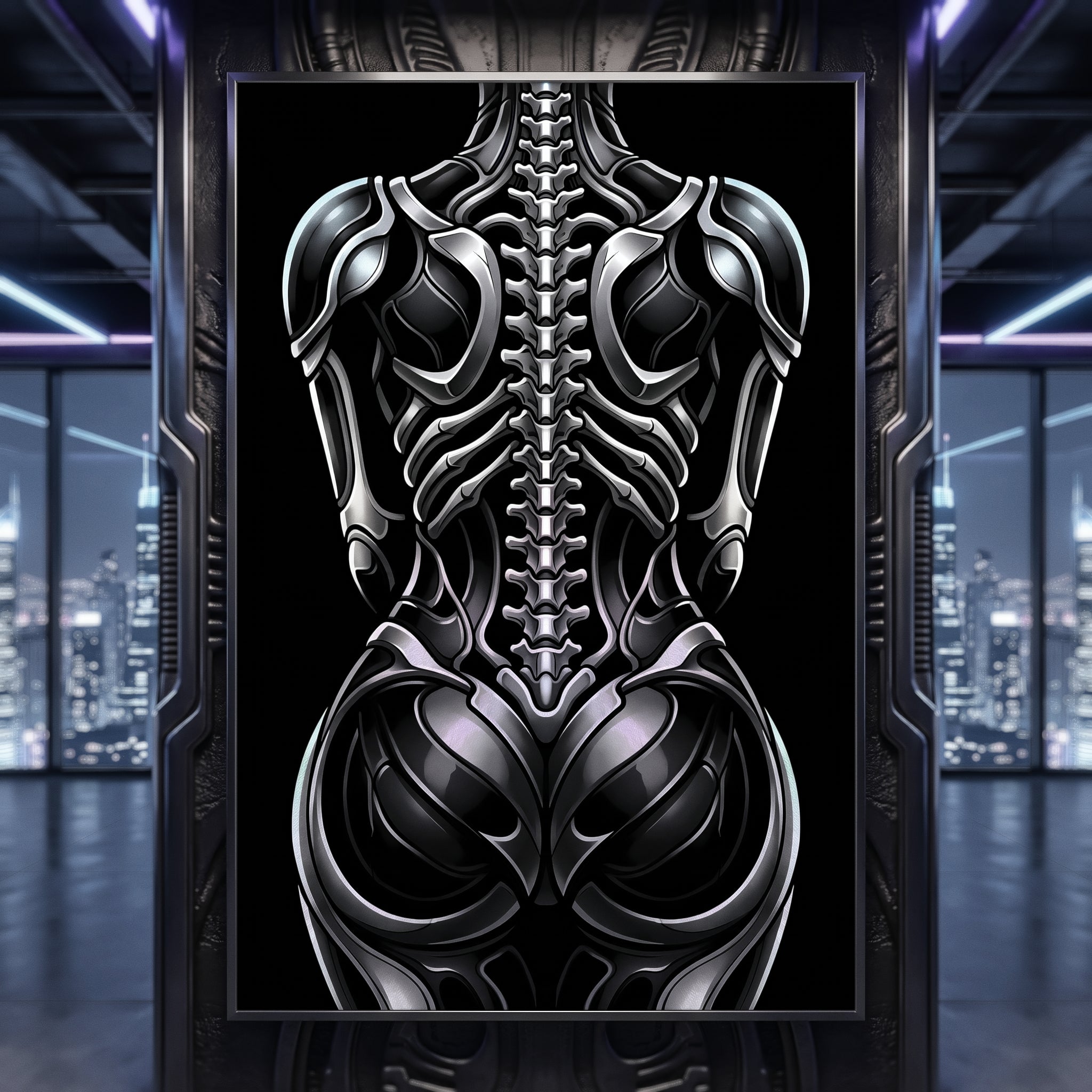 XENIA | Metallic Alien Female Cybernetic Body Wall Art | Luxury Gothic Op Art Print