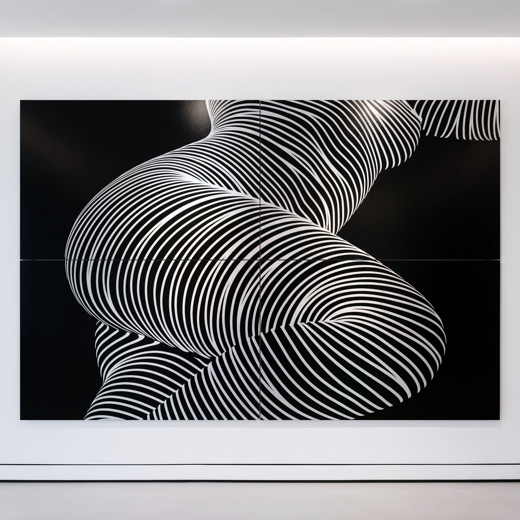 ZEPHYR, a massive 120x80 inch four-print wall art piece featuring an abstract female figure with black and white stripes.