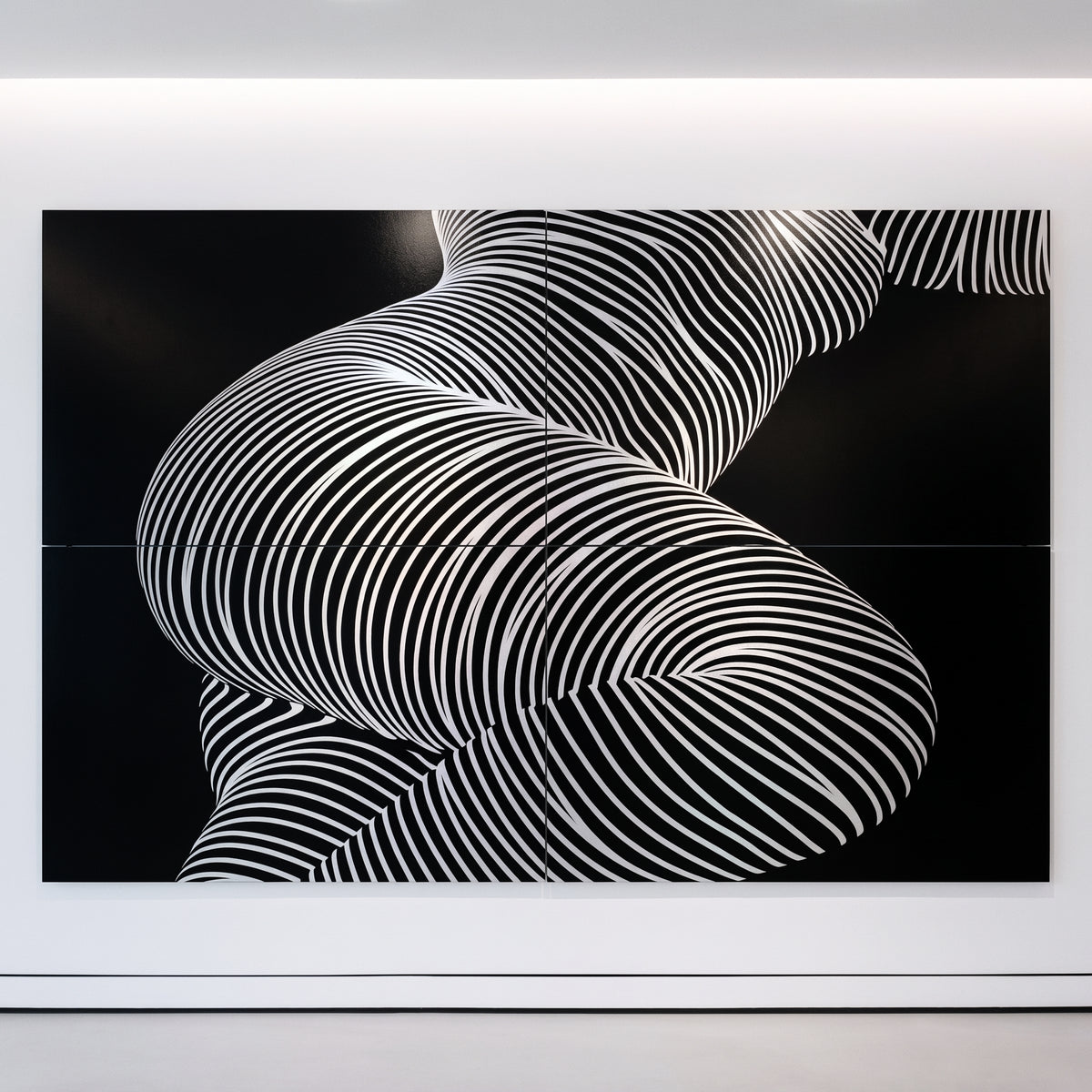 ZEPHYR, a massive 120x80 inch four-print wall art piece featuring an abstract female figure with black and white stripes.