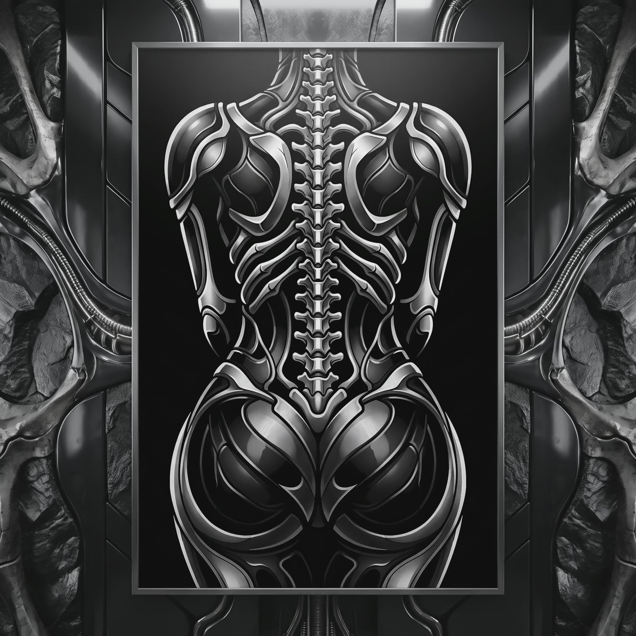 XENIA | Metallic Alien Female Cybernetic Body Wall Art | Luxury Gothic Op Art Print